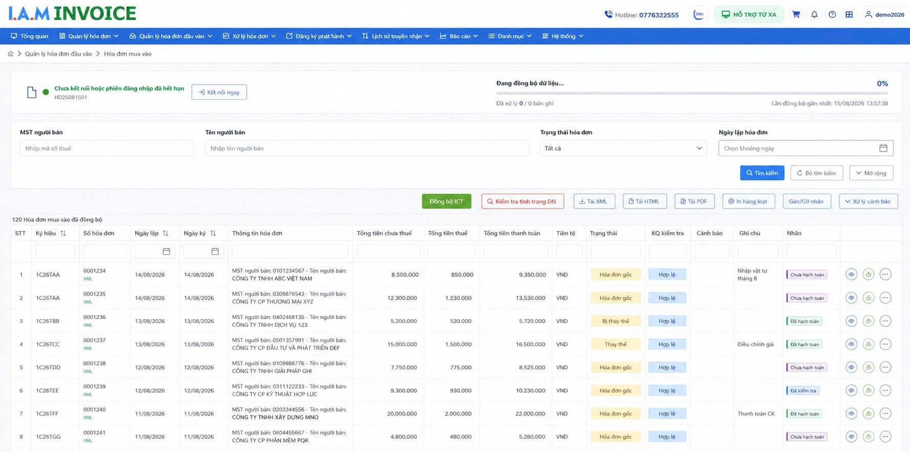 Giao diện quản lý hóa đơn đầu vào IAM Invoice